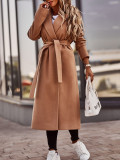 Autumn And Winter Simple Long-Sleeved V-Neck Belted Women Coat Outwear