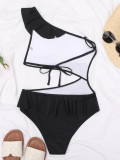 Women Solid Color One Shoulder Hollow One Piece Sexy Lace Up Bikini Swimsuit