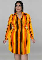 Plus Size Women'S Striped Print Turndown Collar Long Sleeve Shirt Dress