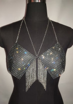 Camiseta sin mangas con cuello halter y cadena de borlas de metal con incrustaciones de diamantes de imitación