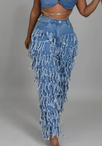 Sonbahar/Kış Kot Yıkanmış Kot Fringe Stil Sokak Modası Kadın Kot Pantolon