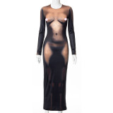 Women Sexy Round Neck Long Sleeve Body Print Maxi Dress