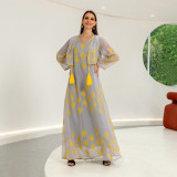 Women muslim moroccan dress dress mesh fringed print robe