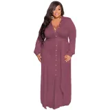 Plus Size Women Solid Tie Long Sleeve Shirt Dress