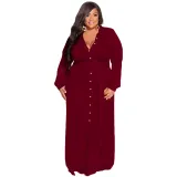 Plus Size Women Solid Tie Long Sleeve Shirt Dress