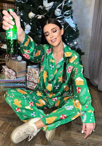 Noel Kadın Uzun Kollu Gevşek Yatak Örtüsü Yaka Gömlek ve Pantolon Pijama İki Parçalı Takım