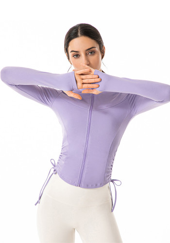 Women Yoga Stand Collar Zip Finger Sleeves Long Sleeve Top