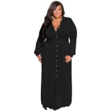 Plus Size Women Solid Tie Long Sleeve Shirt Dress