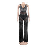 Sexy See-Through Deep V Sling Beaded Jumpsuit