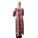Women Vintage V-Neck Print Pleated Long Sleeve Loose Dress