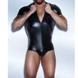 Men's Erotic Lingerie Black PU Leather Zipper Short Sleeve Bodysuit