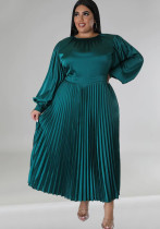 Женское плиссированное платье с круглым вырезом и длинным рукавом размера плюс