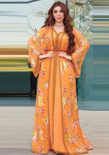 Women muslim chiffon print robe two piece set