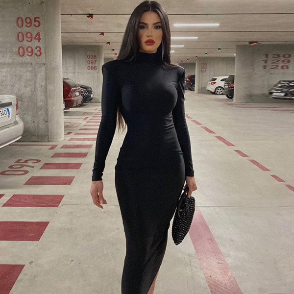 Turtleneck Long Sleeve Bodycon Midi Dress