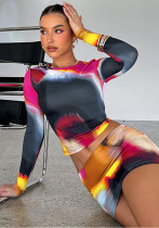 Women Fall Print Round Neck Long Sleeve Top + Skirt Two Piece Set