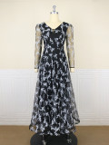 Plus Size Women Vintage Print Mesh See-Through Maxi Dress