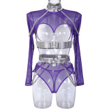 Women Contrast Mesh See-Through Lace-Up Sexy Lingerie Set