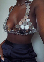 Chaleco de mujer con cuello halter y discos de lentejuelas