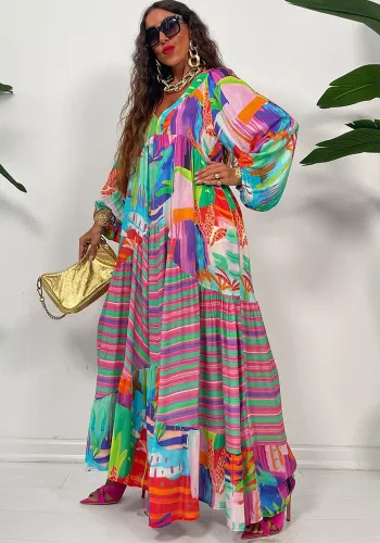 Women Vintage V-Neck Print Pleated Long Sleeve Loose Dress