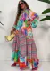 Women Vintage V-Neck Print Pleated Long Sleeve Loose Dress