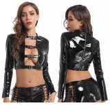 Women Sexy Black PU Leather Cutout Lace-Up Jacket and Shorts Two Piece