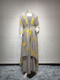 Women Muslim Sling Dress + Printed Robe Two Piece Set