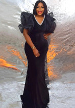 Vestido de retazos de malla de otoño Vestido elegante con cuello en V Maxi Vestido de noche de fiesta formal Vestido negro