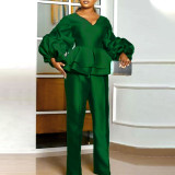 Early autumn v-neck puff sleeve fake two jumpsuit comfortable Career ruffled women's jumpsuits