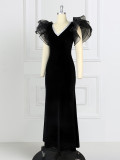 Fall mesh Patchwork Dress Chic V-Neck Maxi Dress Formal Party Evening Dress Black Dress