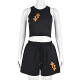 Nightclub Street Style Embroidered Cross Crop Tank Top Shorts Women's Outfit