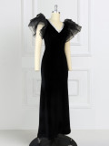 Fall mesh Patchwork Dress Chic V-Neck Maxi Dress Formal Party Evening Dress Black Dress