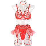 Hollow chest ring sexy lingerie Mesh See-Through leather four-piece set for sexy women