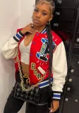 Fall Winter Plus Size Women's Casual Letter Print Ribbed Patchwork Jacket