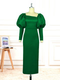 Square Neck Puff Sleeve Slim Waist Dress Outdoor Career Fashion Comfortable Dress