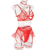 Hollow chest ring sexy lingerie Mesh See-Through leather four-piece set for sexy women