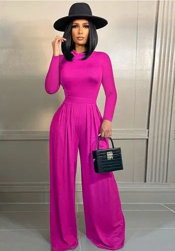 Women'S Fashion Solid Color Long Sleeve Top Wide Leg Pants Two Piece Set