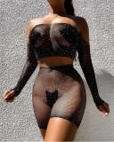 Plus Size Black Mesh Off Shoulder Long Sleeve Two Piece Erotic Lingerie Set