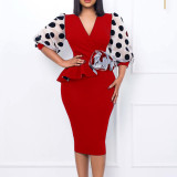 Plus Size Women'S Fashion Dot Mesh Patchwork V Neck Chic Career Bodycon Dress