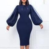 Women'S Spring Autumn Long Sleeve Plus Size Beaded Mesh Patchwork Career Bodycon Pencil Dress