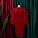 Women'S Spring Autumn Long Sleeve Plus Size Beaded Mesh Patchwork Career Bodycon Pencil Dress