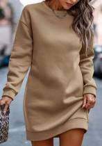 Einfarbiges Damen-Rundhalsausschnitt mit Rückenausschnitt, langärmliges, lockeres Sweatshirtkleid