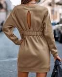 Women'S Solid Color Round Neck Back Cutout Long Sleeve Loose Sweatshirt Dress