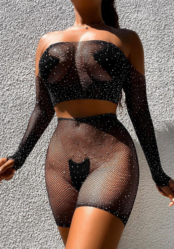 Büyük Beden Siyah Örgü Kapalı Omuz Uzun Kollu İki Parçalı Erotik İç Giyim Seti