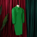 Women'S Spring Autumn Long Sleeve Plus Size Beaded Mesh Patchwork Career Bodycon Pencil Dress