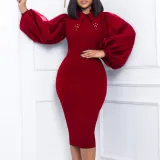 Women'S Spring Autumn Long Sleeve Plus Size Beaded Mesh Patchwork Career Bodycon Pencil Dress