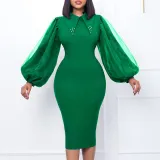 Women'S Spring Autumn Long Sleeve Plus Size Beaded Mesh Patchwork Career Bodycon Pencil Dress