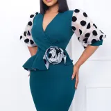Plus Size Women'S Fashion Dot Mesh Patchwork V Neck Chic Career Bodycon Dress