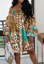 Sexy Casual Print Off Shoulder Flare Sleeve Loses Kleid