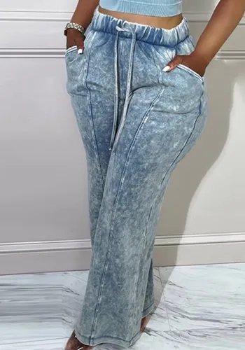 Women'S Light Blue Distressed Washed Jogging Wide Leg Elastic Trousers