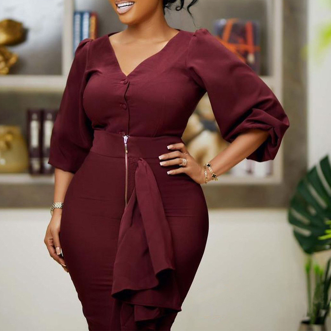 Plus Size V-Neck Half Sleeve Top and High-Low Skirt Set main image 1